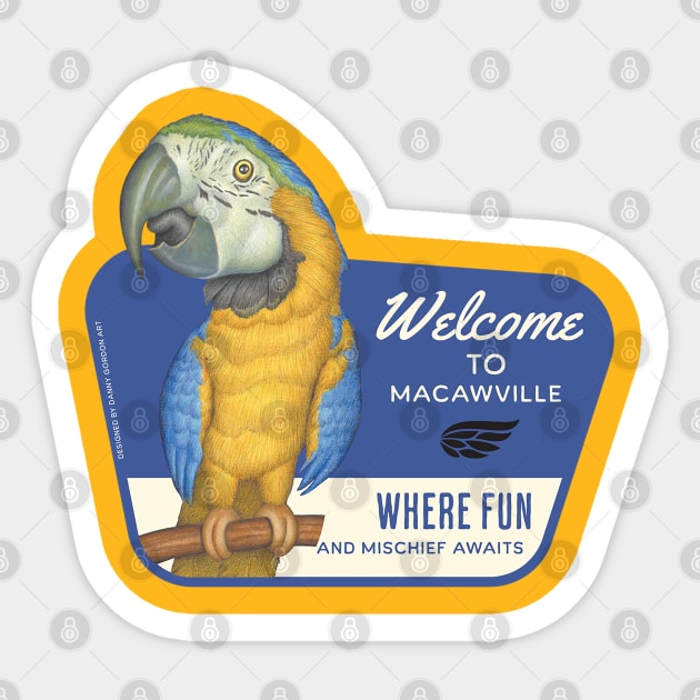 Beautiful African Blue Gold Macaw in Macawville, USA Sticker by Danny Gordon Art